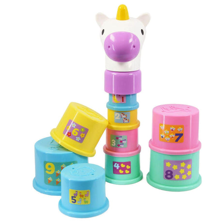 Stackable toy cups including a unicorn head and various numbered, colorful bases.