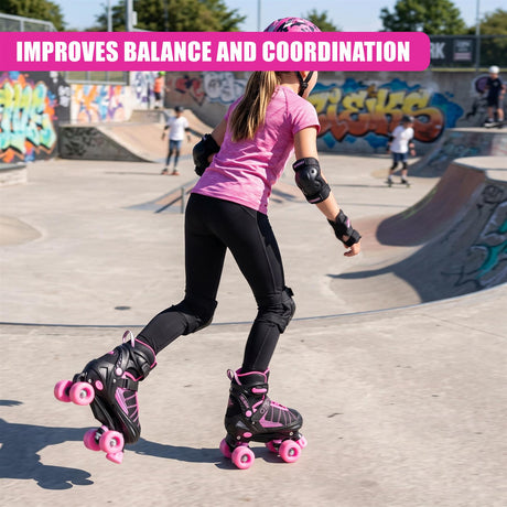 A girl wearing a pink t-shirt and black leggings is roller skating at a skate park, using black and pink quad roller skates