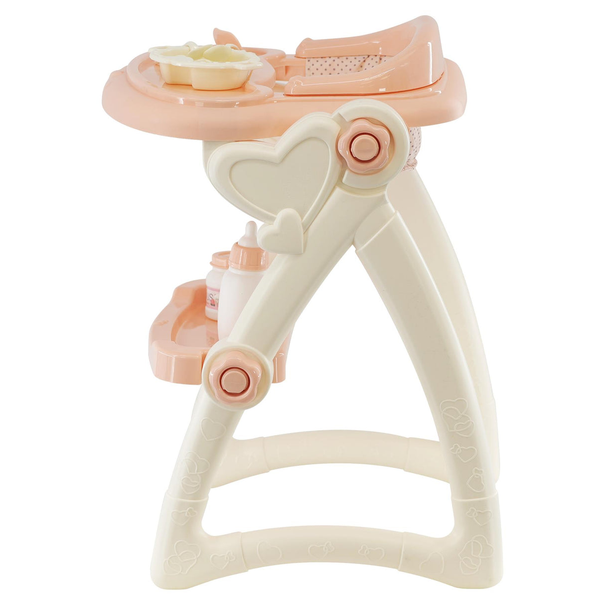 A pink dolls high chair with feeding accessories set. It has two small cups on top of it, a toy table within it and a heart shape symbol. - UKBuyZone