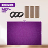 Diagram showing a large purple mat, three tubes, and three black straps, illustrating set components.