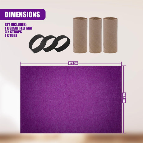 Diagram showing a large purple mat, three tubes, and three black straps, illustrating set components.