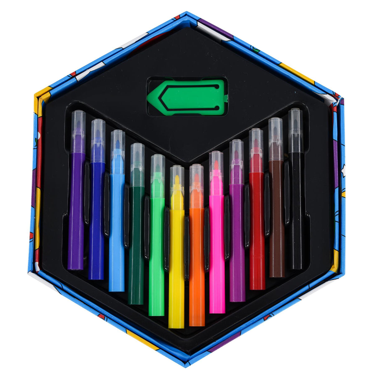 An open hexagonal art set containing a collection of colored markers and pencils.