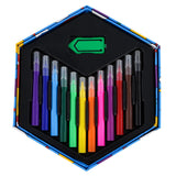An open hexagonal art set containing a collection of colored markers and pencils.