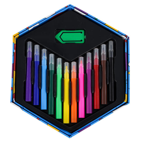 An open hexagonal art set containing a collection of colored markers and pencils.