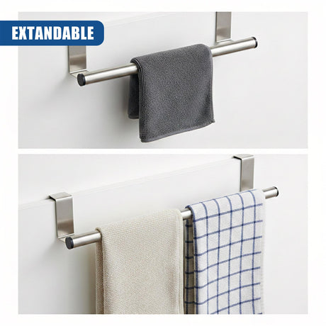 An extendable silver rail holds a folded dark gray towel against a white surface.

Silver rail holds two stacked towels: one beige and one blue checkered.