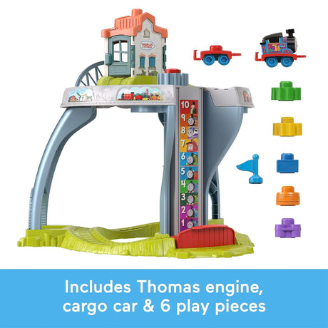 Train table set includes a station house, tracks, red engine, and various train play accessories.