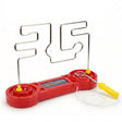 A red game base with an attached metal wire circuit and yellow plastic handling piece.