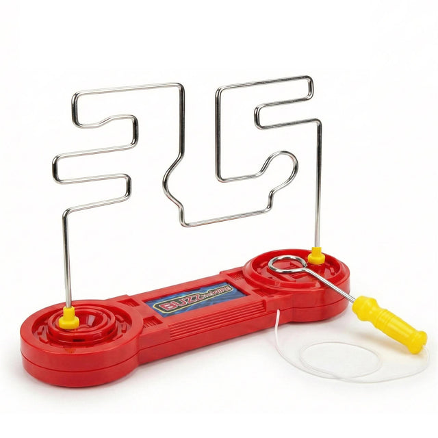 A red game base with an attached metal wire circuit and yellow plastic handling piece.