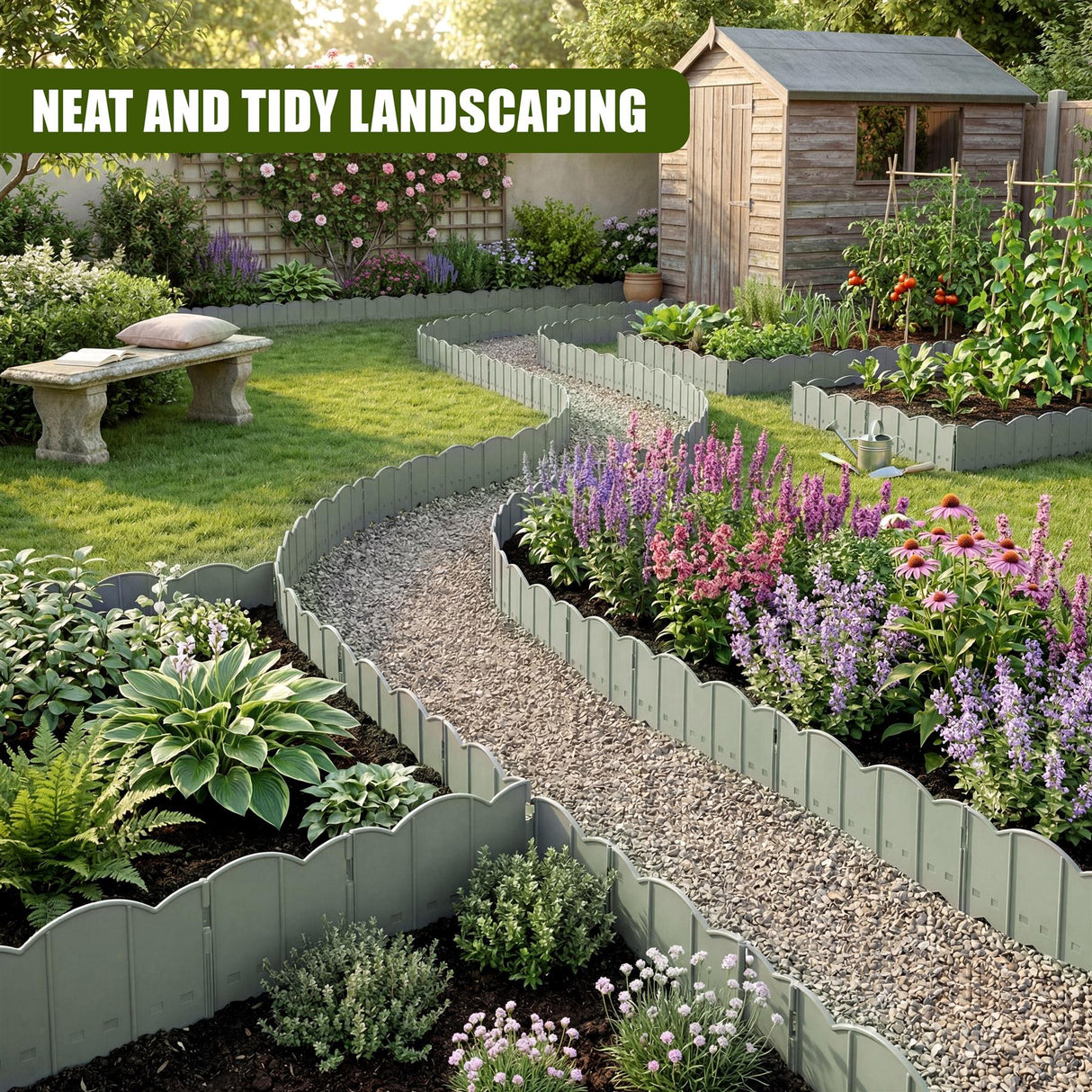The light green garden fence lines a gravel path among various colorful perennial flower beds.