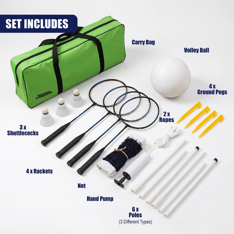 Green carry bag and badminton and volleyball set with rackets, shuttlecocks, ball, net, pump, poles and pegs