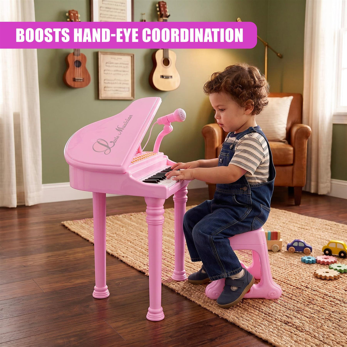 Pink Electronic Piano With Microphone and Stool