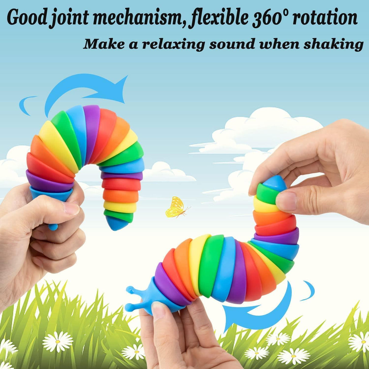 Hands hold a brightly colored, segmented fidget toy, showcasing its joints and flexible shape.