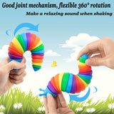 Hands hold a brightly colored, segmented fidget toy, showcasing its joints and flexible shape.