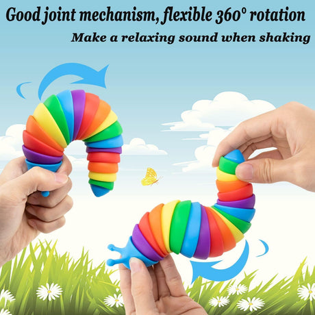 Hands hold a brightly colored, segmented fidget toy, showcasing its joints and flexible shape.