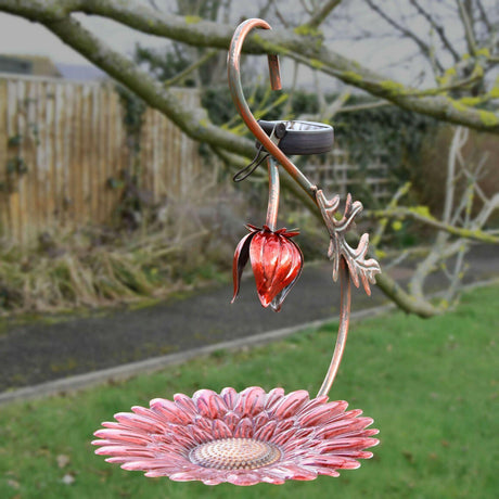 Solar LED Light Red Hanging Metal Bird Feeder by Geezy - UKBuyZone