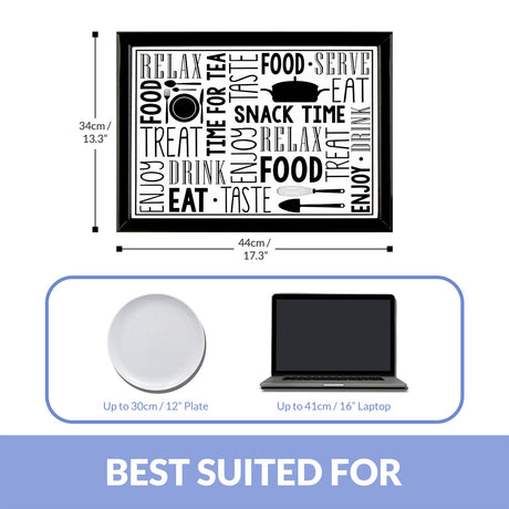 A black and white poster with a white border, featuring a mix of food-related words and phrases in a playful, cursive font. The words are arranged in a grid-like pattern, with some words overlapping others. A large, bold "FOOD" is centered at the top, surrounded by a smaller "S" and a "P" at the top left and right, respectively. The poster's background is a soft, gradient gray, with a subtle texture. - UKBuyZone