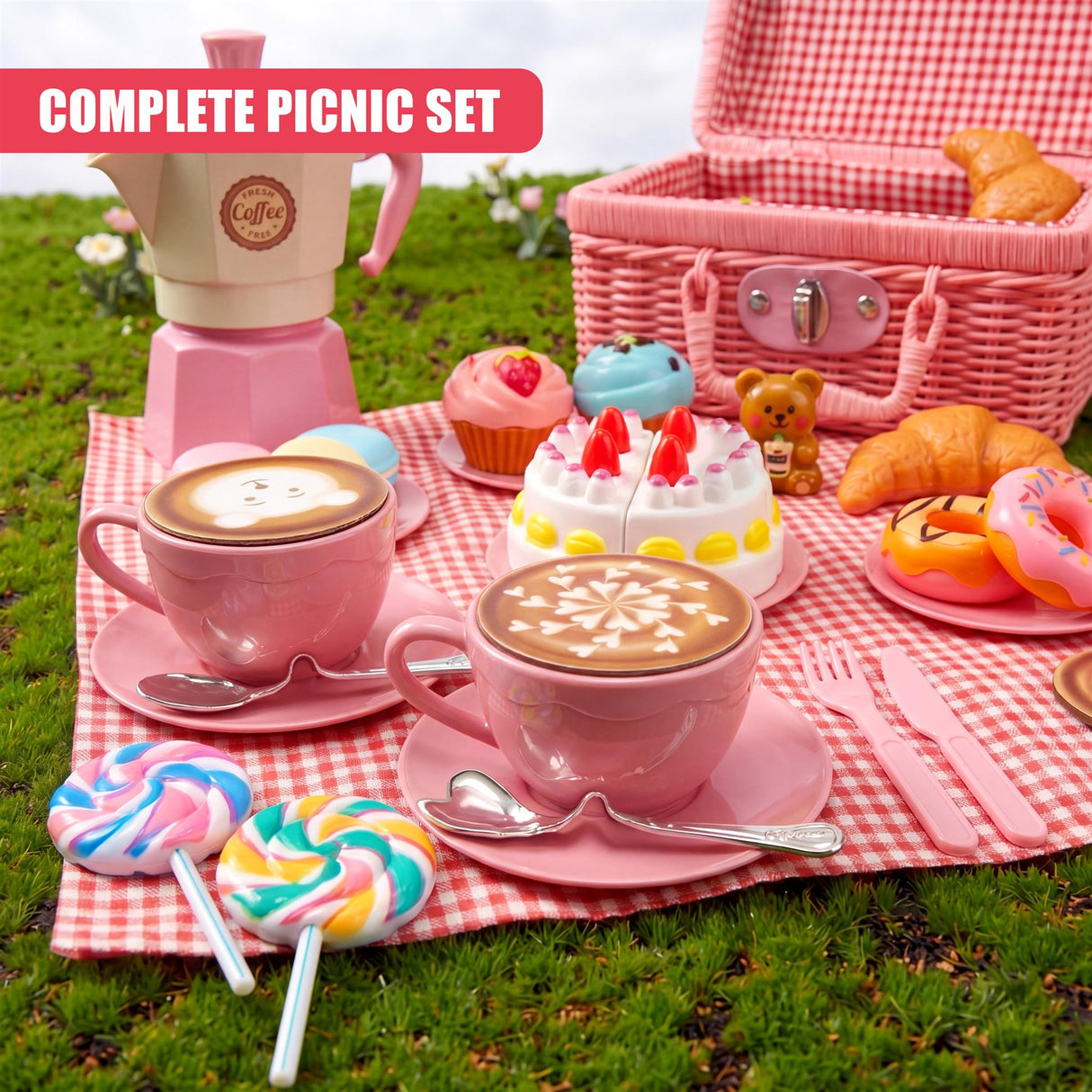 A collection of pink teacups, desserts, pastries, and a checkered picnic basket are displayed.
