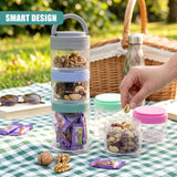 Stackable glass containers holding assorted nuts, dried fruit, and snack mixes are displayed.