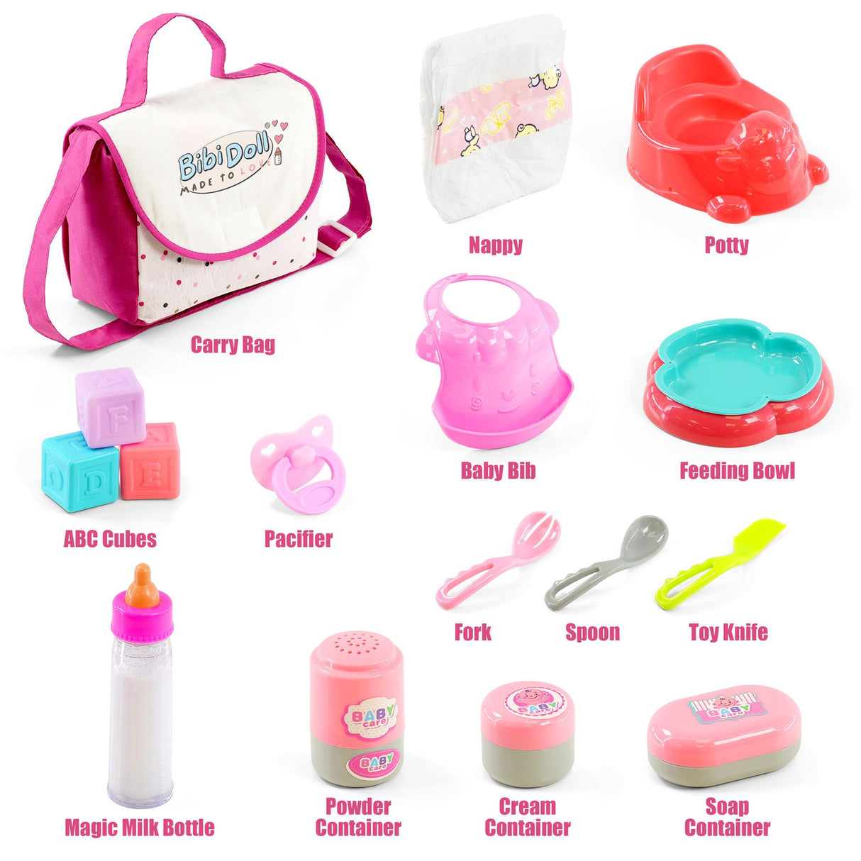 A collection of baby accessories including changing bags, bottles, containers, toys, and bathing items.
