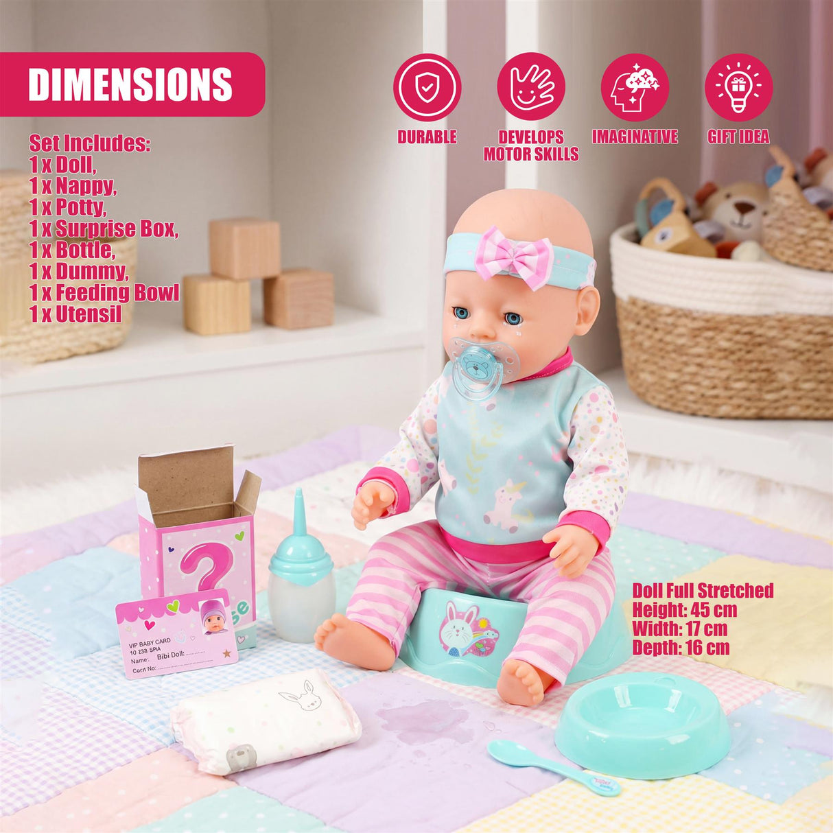 Doll seated among play items: bottle, plate, spoon, and washcloth on a patterned rug.