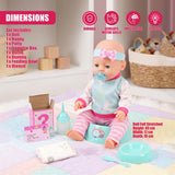 Doll seated among play items: bottle, plate, spoon, and washcloth on a patterned rug.