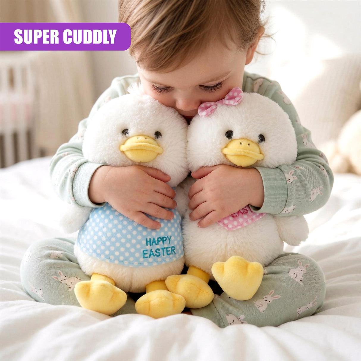 A child holds two white plush chicks sitting on a light green patterned cushion on a bed.