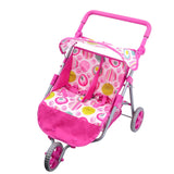 Pink twin doll stroller featuring two patterned seats, a curved handle, and three wheels.