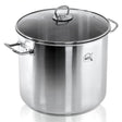Stainless steel stockpot featuring a rounded pot body, a clear glass lid, and side handles.