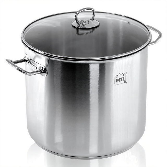 Stainless steel stockpot featuring a rounded pot body, a clear glass lid, and side handles.