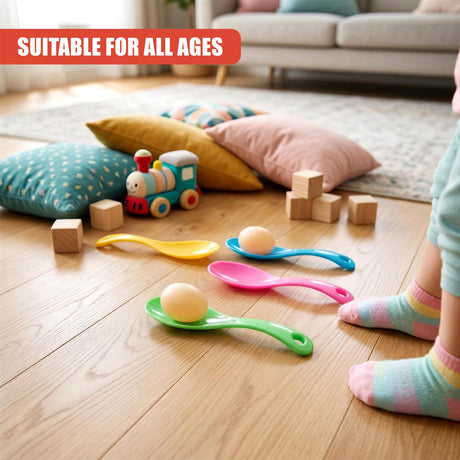 Assortment of brightly colored spoons and wooden eggs arranged on a light wooden floor surface.