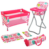 This is a set of baby furniture that includes a high chair, a foldable cot, a change mat, a storage bag, and matching accessories. - UKBuyZone