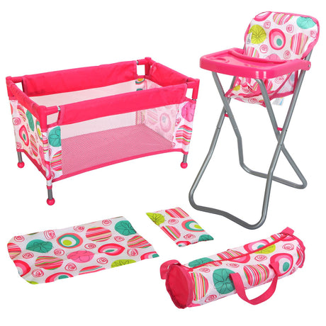 This is a set of baby furniture that includes a high chair, a foldable cot, a change mat, a storage bag, and matching accessories. - UKBuyZone