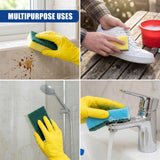 Cleaning sponges are shown scrubbing tiles, faucets, and athletic footwear surfaces.