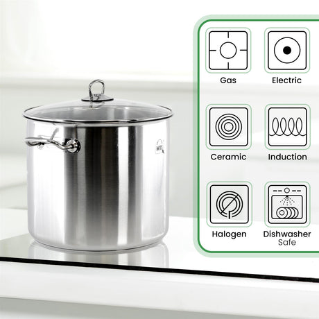 A stainless steel pot with a lid, sitting on a stovetop, with a white background. The pot has a handle on the side and a metal loop on top for lifting. - UKBuyZone