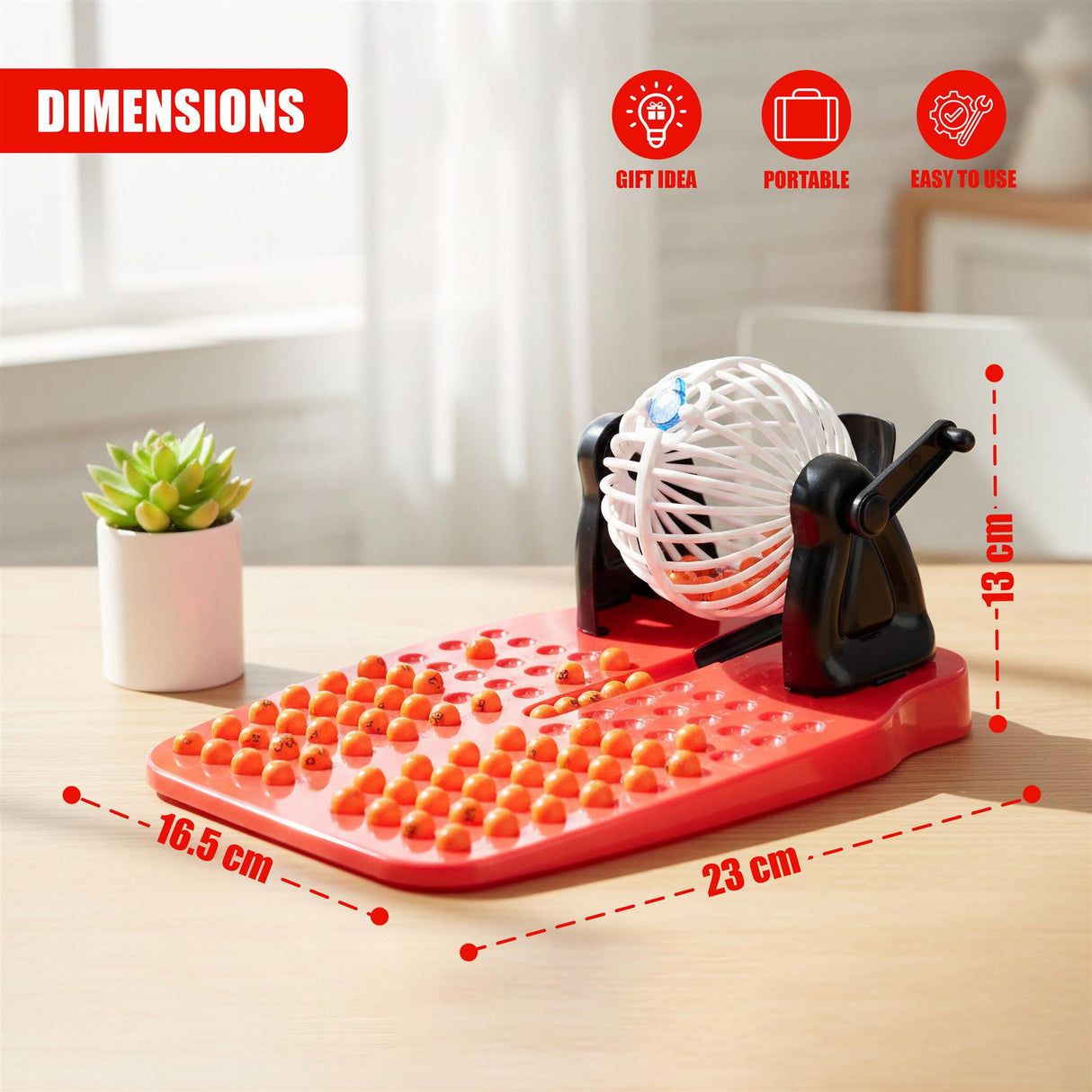 Red bingo lotto set shown with pegs, a white ball dispenser cage, and black marker piece.