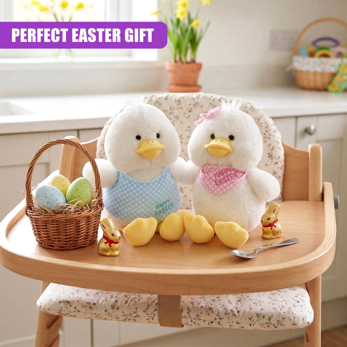 Two plush chicks sit on a wooden chair with egg baskets, small yellow eggs, and miniature figurines.