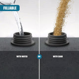 Two views showing the square base accepting either flowing water or pouring fine sand.