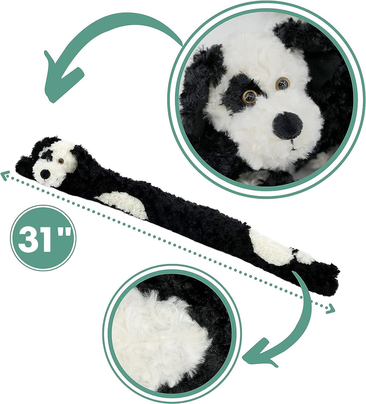 A 31-inch long novelty draught excluder shaped like a black and white dog, featuring a playful design with a dog head on one end and a plush body. 