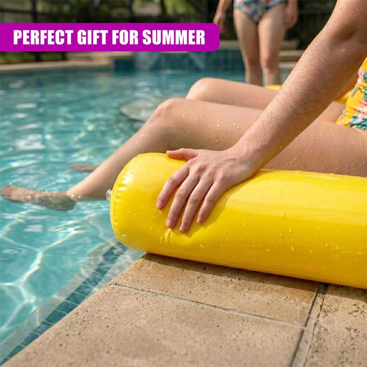 A person rests their hand on a yellow inflatable float positioned in a swimming pool.