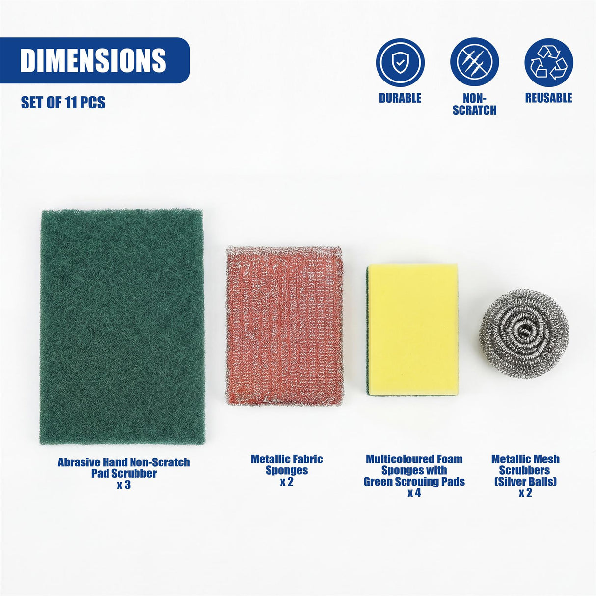 The set contains green scrub pads, red woven sponges, yellow foam sponges, and grey mesh scrubbers.