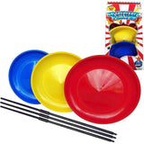 A set of spinning plates and sticks, featuring three colorful plates in red, yellow, and blue, with a pack of sticks in the background. The plates have a smooth, rounded shape and a glossy finish, while the sticks are thin and long, with a small, rounded end. The plates are arranged in a triangular shape, with the red plate in the front, followed by the yellow and blue plates. - UKBuyZone