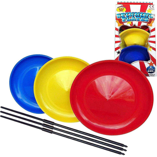 A set of spinning plates and sticks, featuring three colorful plates in red, yellow, and blue, with a pack of sticks in the background. The plates have a smooth, rounded shape and a glossy finish, while the sticks are thin and long, with a small, rounded end. The plates are arranged in a triangular shape, with the red plate in the front, followed by the yellow and blue plates. - UKBuyZone