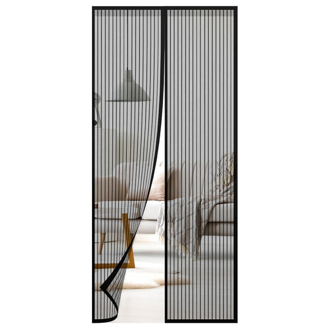 A compact, black-framed screen door with a mesh design, featuring a foldable and retractable design for easy installation. - UKBuyZone