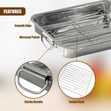 Stainless steel roasting tray shown with a removable rack and solid carrying handle.