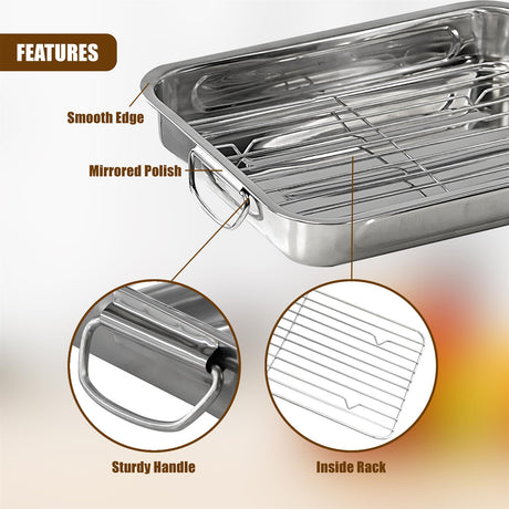 Stainless steel roasting tray shown with a removable rack and solid carrying handle.