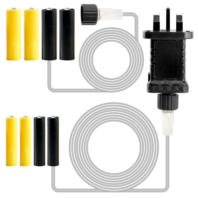 A collection of battery adapters including two yellow batteries, two black batteries, and a multi-pin plug, accompanied by wire connectors. This product allows you to power decorations and electronic devices without traditional batteries. Ideal for convenience and sustainability. Available at ukbuyzone.