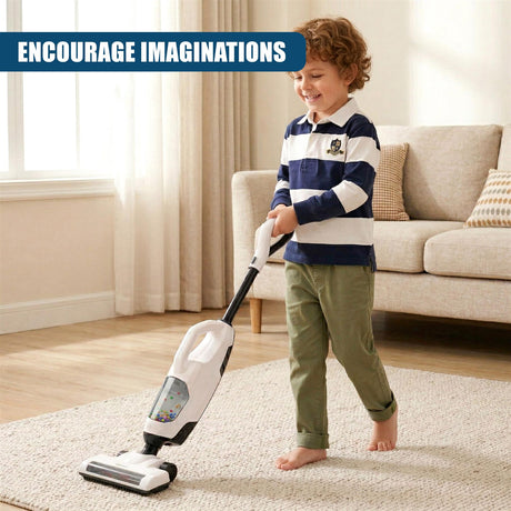 Young boy operating a child-sized white vacuum cleaner on a beige living room rug.