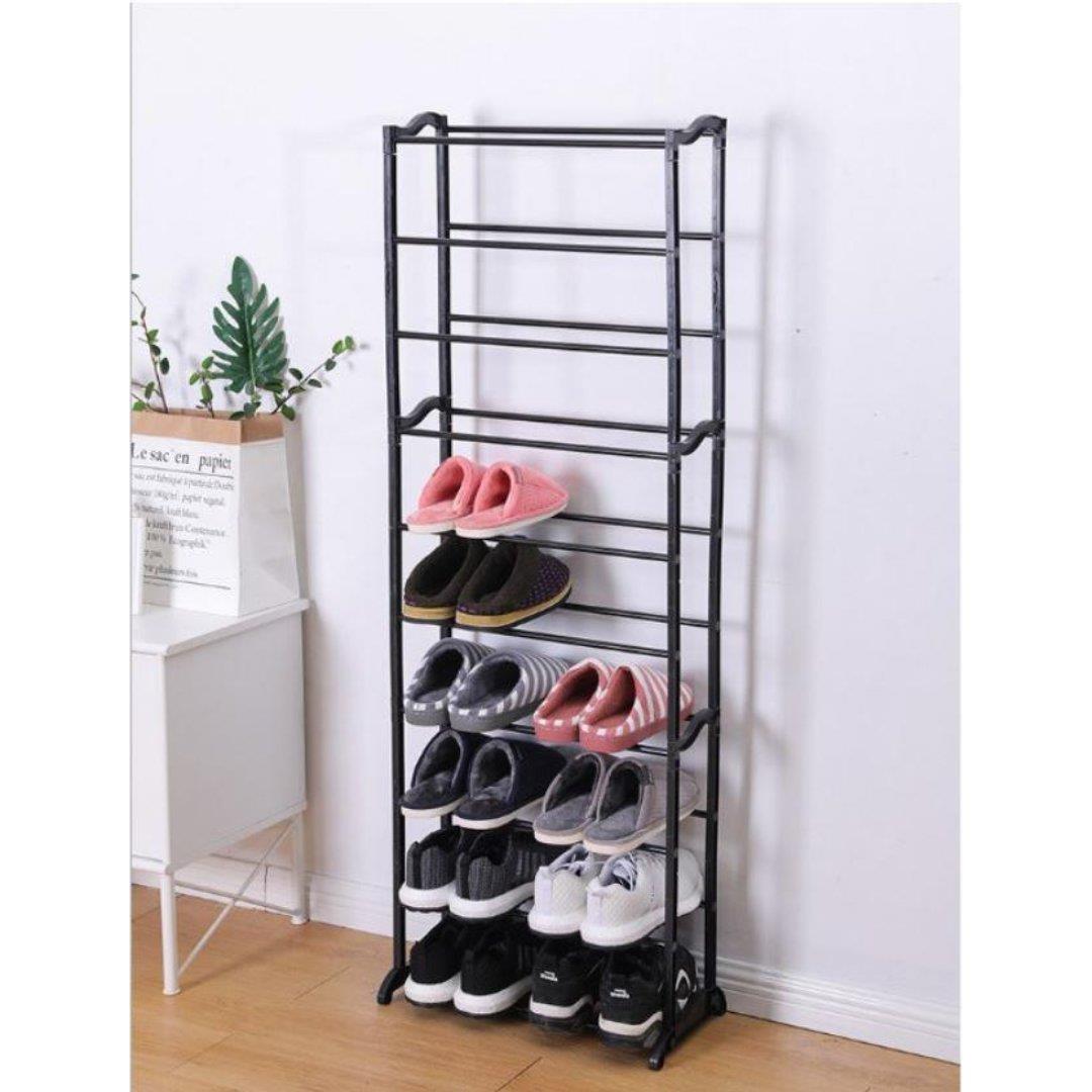 The image displays a shoe rack with multiple pairs of shoes on it.