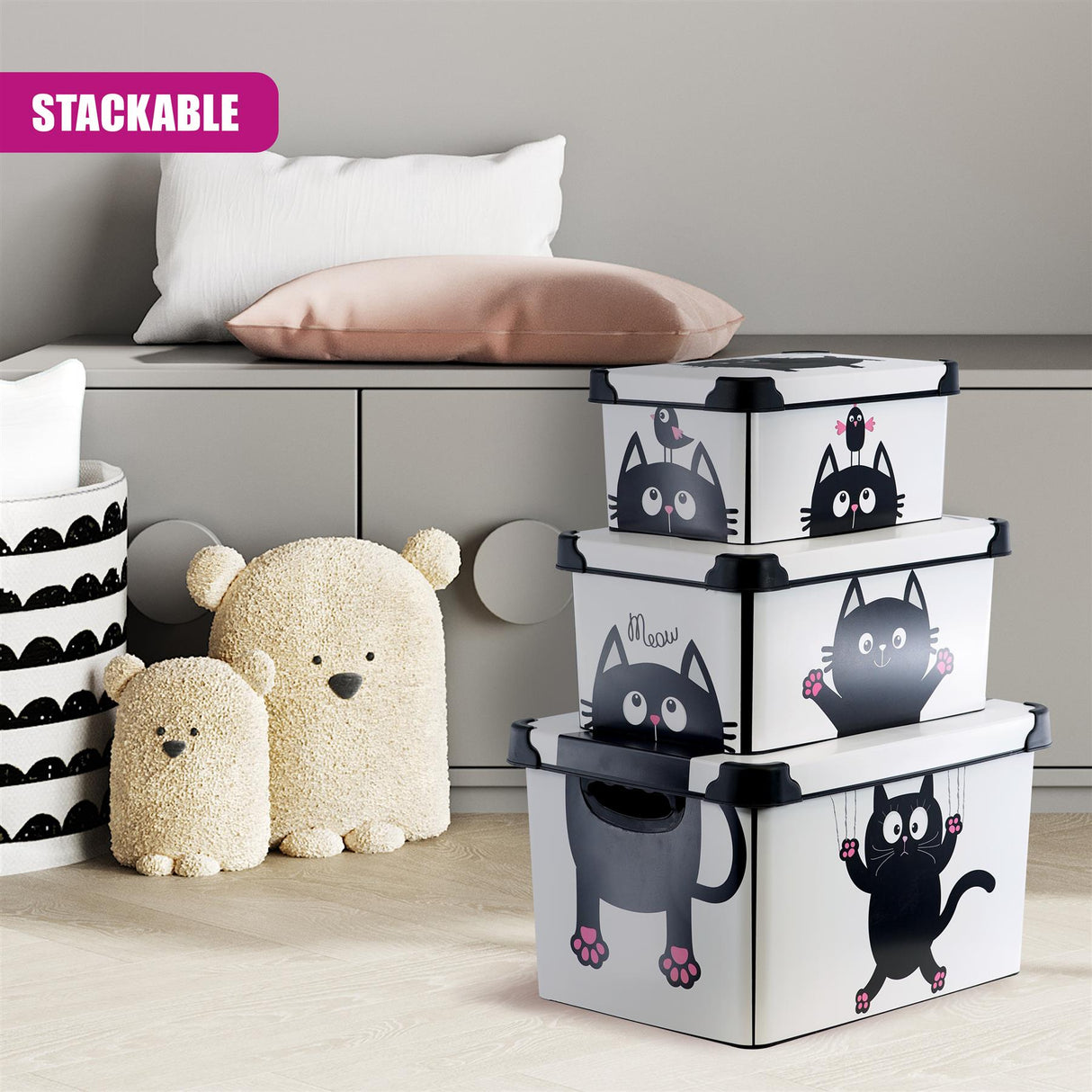 Cat Themed Storage Boxes with Lids - Set of 3 by GEEZY - UKBuyZone
