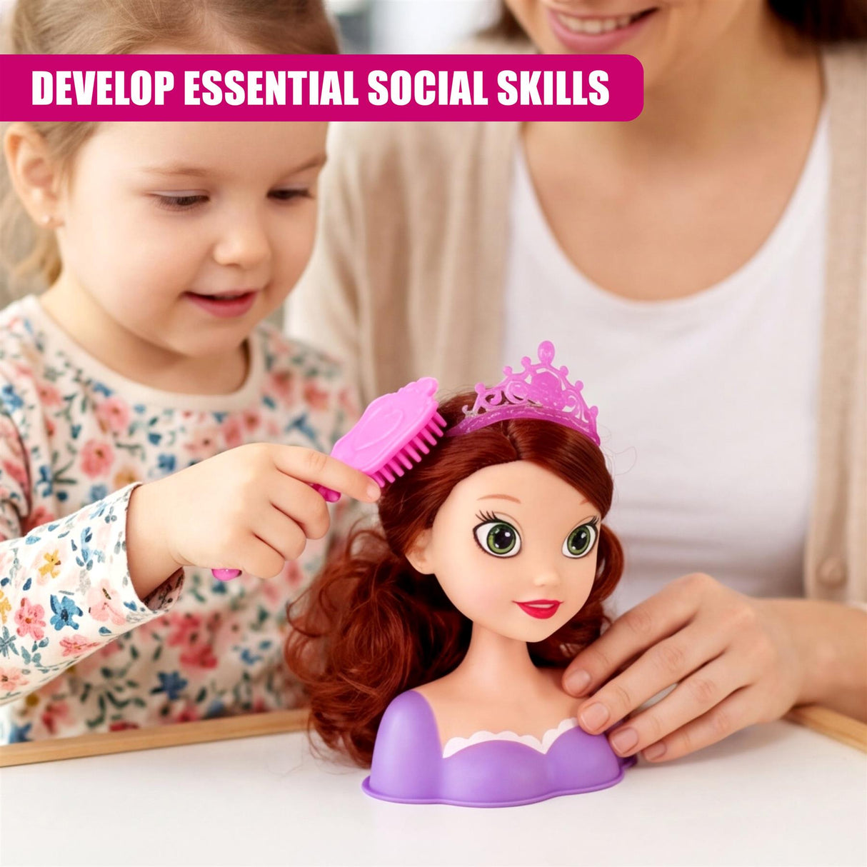 Red wig doll head with purple crown being brushed by a young child's hand.